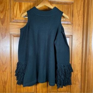 Roaman's Black Cold-Shoulder Sweater with Fringe Long Sleeves